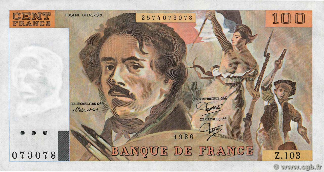 100 Francs DELACROIX modifié FRANCE  1986 F.69.10 SUP