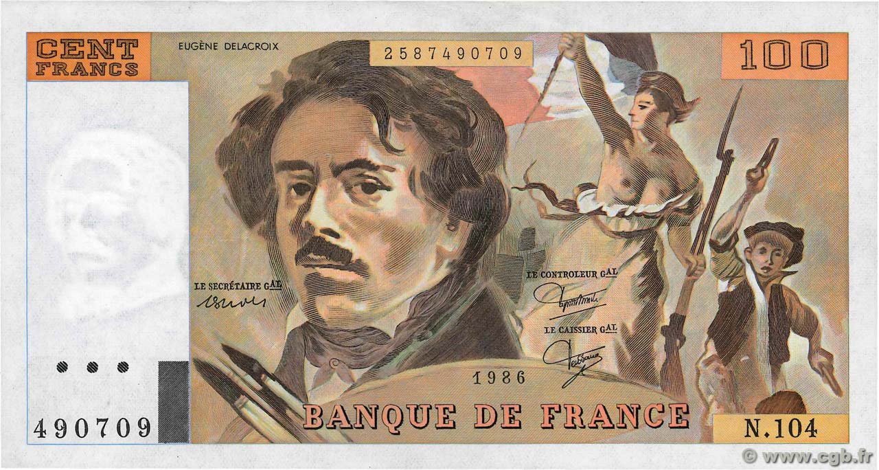 100 Francs DELACROIX modifié FRANCIA  1986 F.69.10 AU+