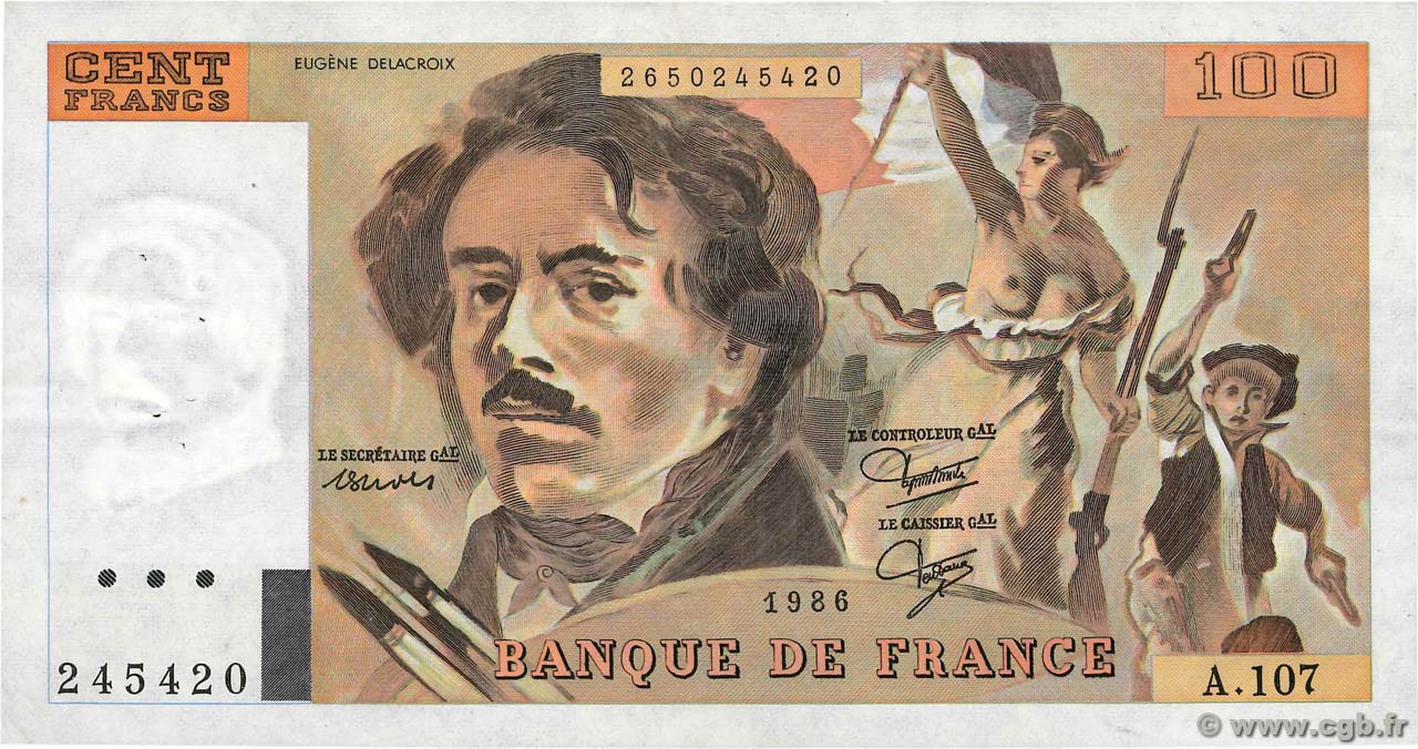 100 Francs DELACROIX modifié FRANCE  1986 F.69.10 VF