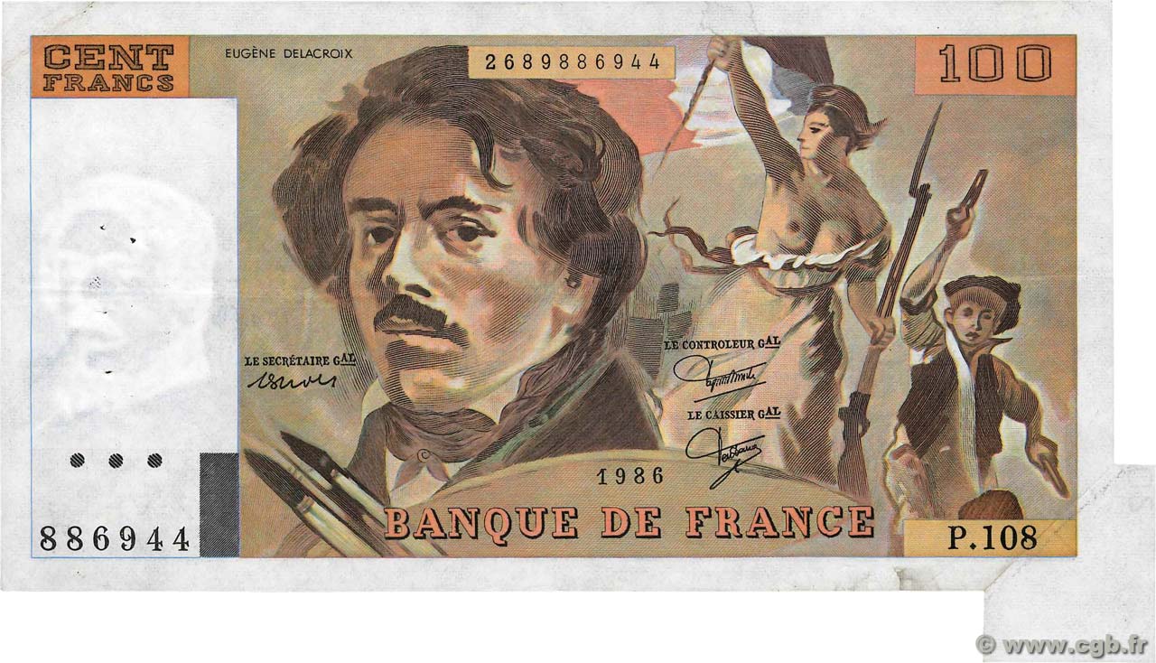 100 Francs DELACROIX modifié Fauté FRANCE  1986 F.69.10 TTB+