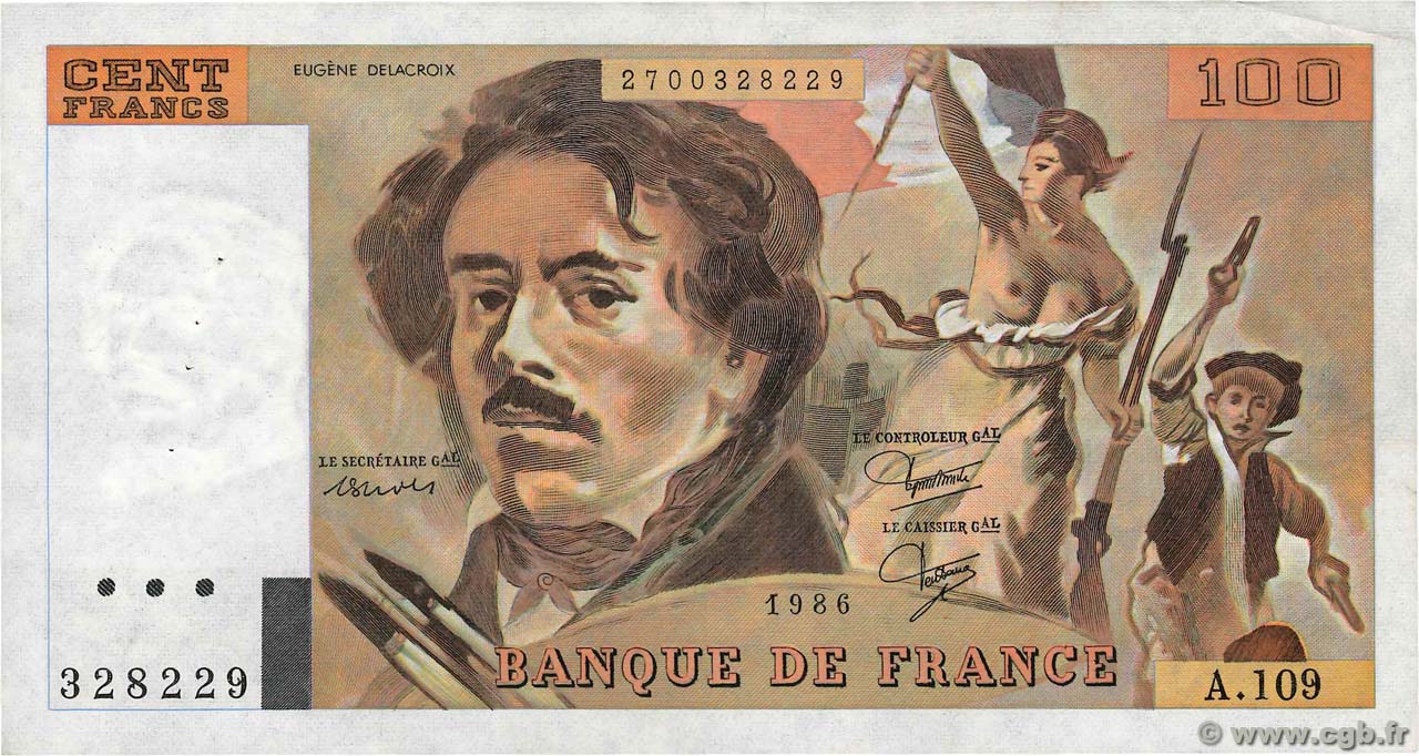 100 Francs DELACROIX modifié FRANCE  1986 F.69.10 VF