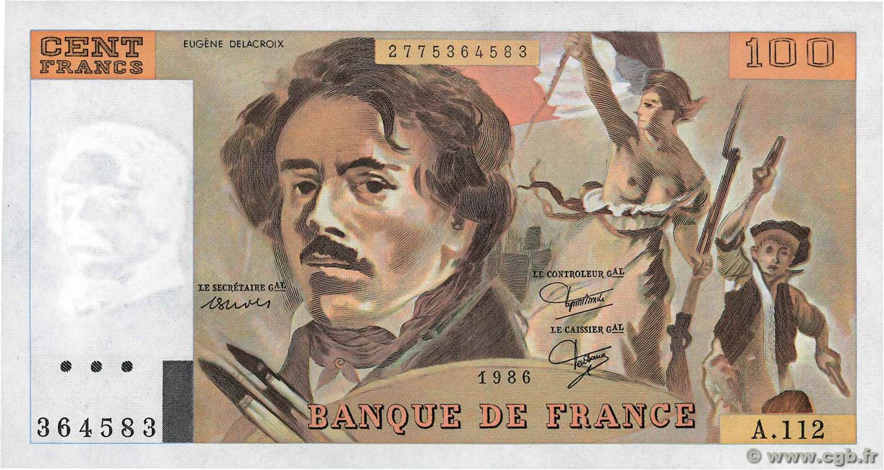 100 Francs DELACROIX modifié FRANCE  1986 F.69.10 NEUF