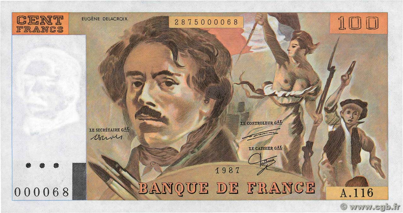 100 Francs DELACROIX modifié Petit numéro FRANCE  1987 F.69.11A116 UNC