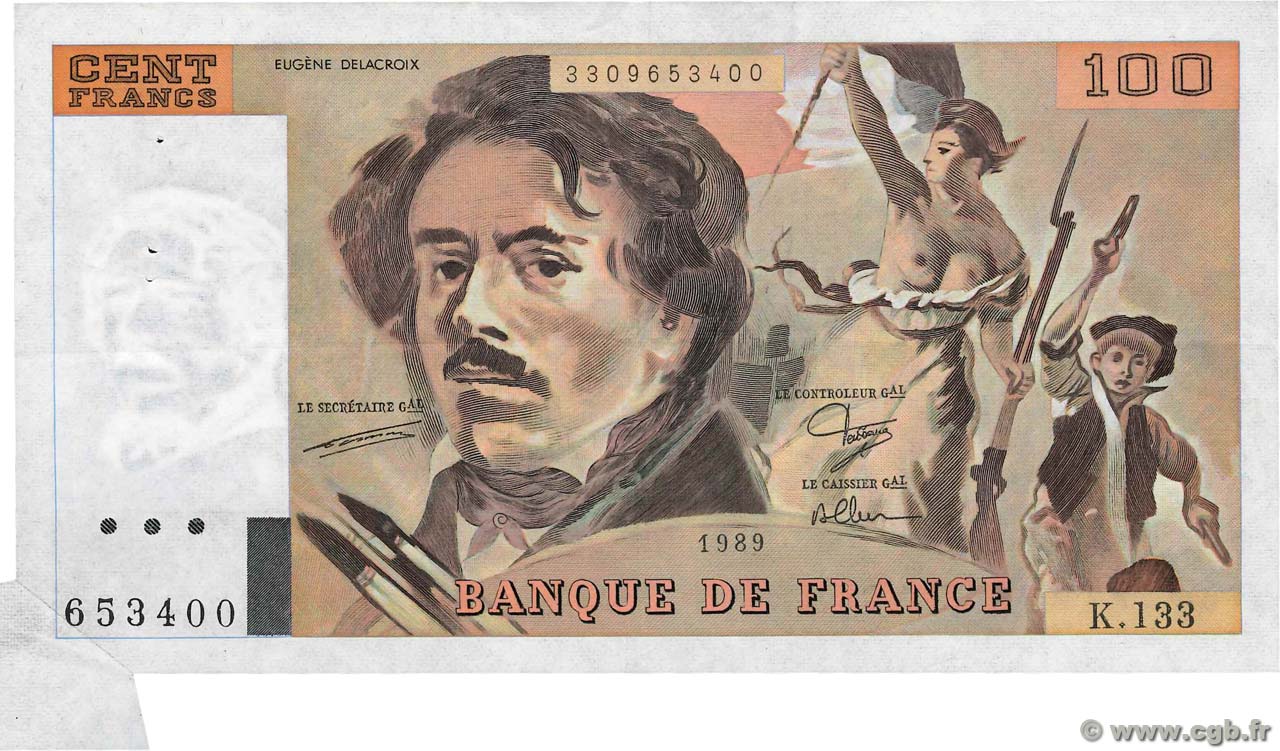 100 Francs DELACROIX modifié Fauté FRANCE  1989 F.69.13a TTB+