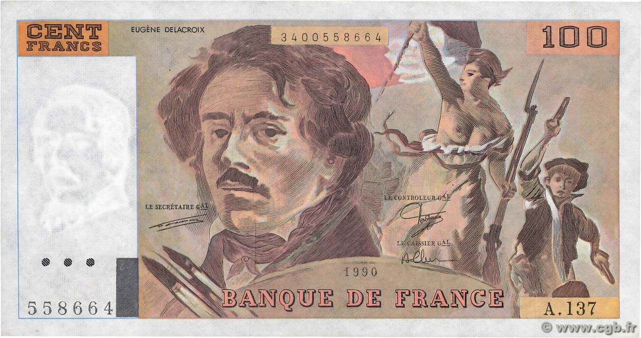 100 Francs DELACROIX imprimé en continu FRANCE  1990 F.69bis.01a SUP+
