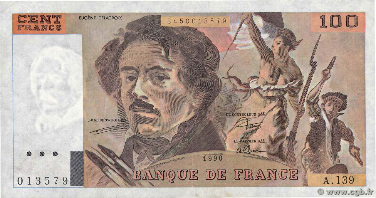 100 Francs DELACROIX imprimé en continu Fauté FRANCE  1990 F.69bis.01a SUP