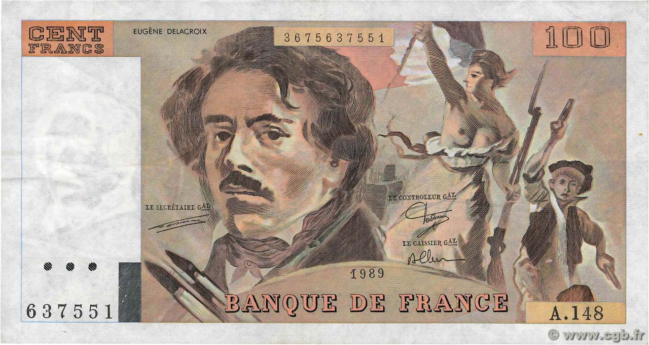 100 Francs DELACROIX modifié FRANCE  1989 F.69.13c TTB+