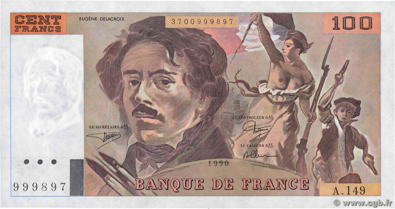 100 Francs DELACROIX imprimé en continu FRANCE  1990 F.69bis.02a pr.NEUF