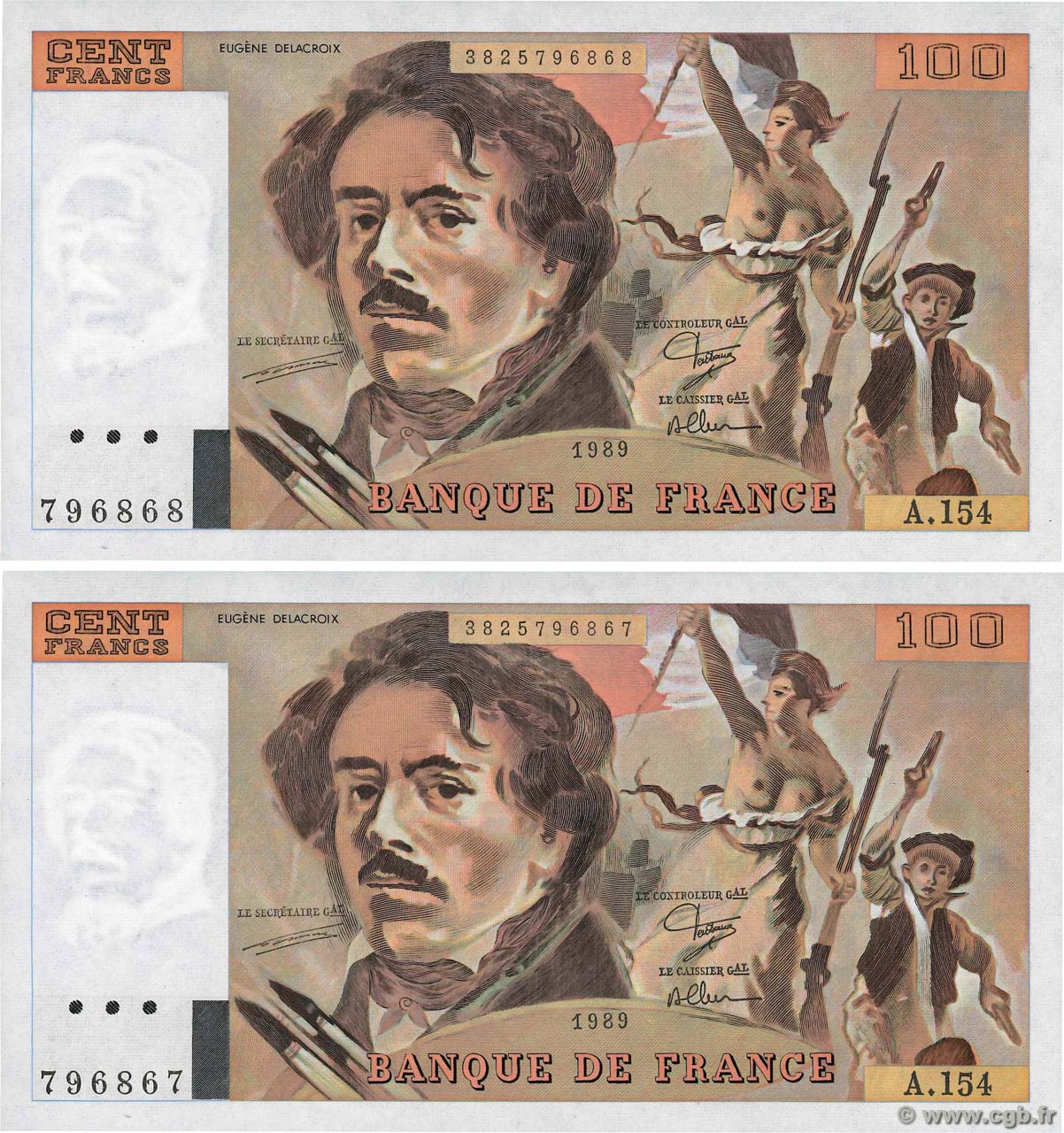100 Francs DELACROIX modifié Consécutifs FRANCE  1989 F.69.13d pr.NEUF