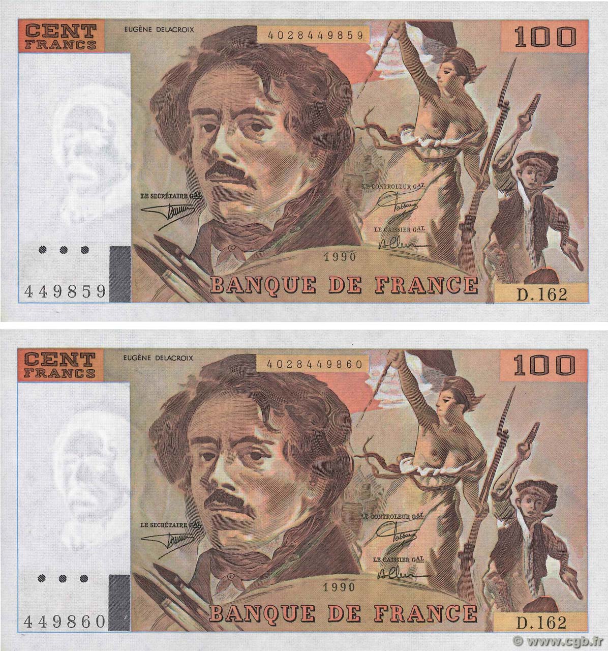 100 Francs DELACROIX imprimé en continu Consécutifs FRANCE  1990 F.69bis.02b NEUF