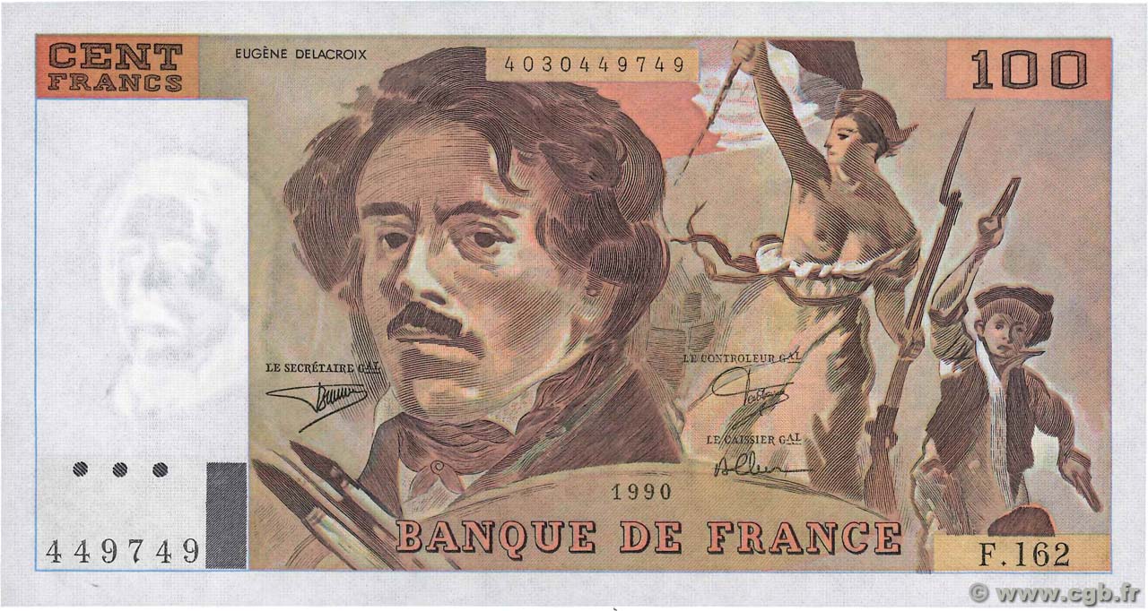 100 Francs DELACROIX imprimé en continu Fauté FRANCE  1990 F.69bis.02b NEUF