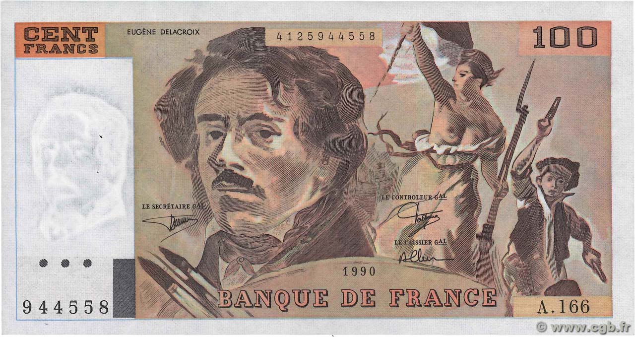 100 Francs DELACROIX imprimé en continu FRANCE  1990 F.69bis.02b SUP+