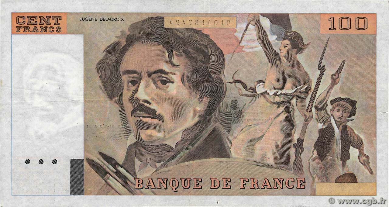 100 Francs DELACROIX imprimé en continu Fauté FRANCE  1991 F.69bis.03a1 TTB+