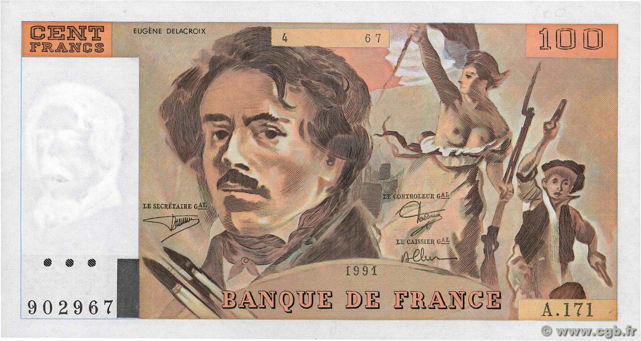100 Francs DELACROIX imprimé en continu Fauté FRANCE  1991 F.69bis.03a3 pr.SPL