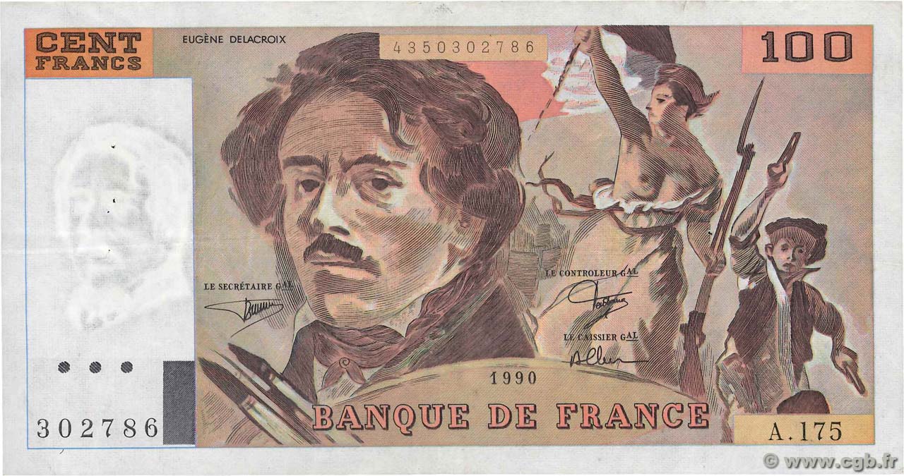 100 Francs DELACROIX imprimé en continu FRANCE  1990 F.69bis.02c TTB