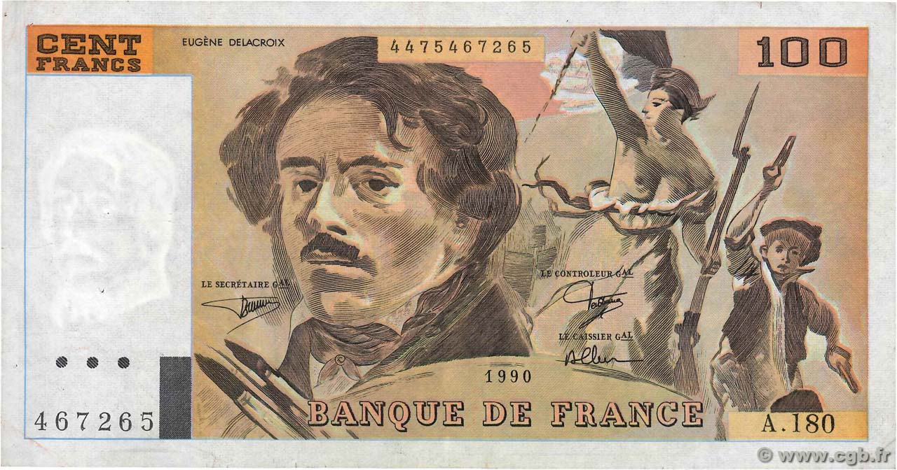 100 Francs DELACROIX imprimé en continu FRANCE  1990 F.69bis.02d TTB