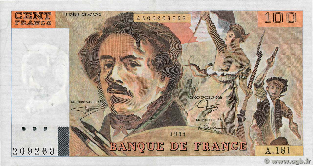 100 Francs DELACROIX imprimé en continu FRANCE  1991 F.69bis.03b1 TTB+