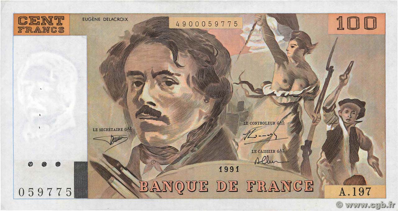 100 Francs DELACROIX imprimé en continu FRANCE  1991 F.69bis.04a SUP