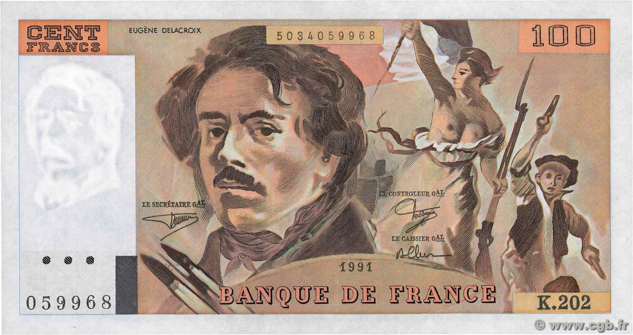 100 Francs DELACROIX imprimé en continu FRANCE  1991 F.69bis.03c1 SUP