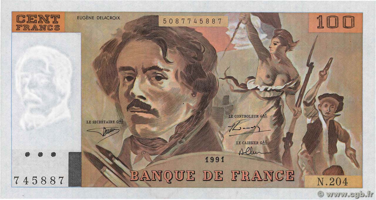 100 Francs DELACROIX imprimé en continu FRANCE  1991 F.69bis.04b NEUF