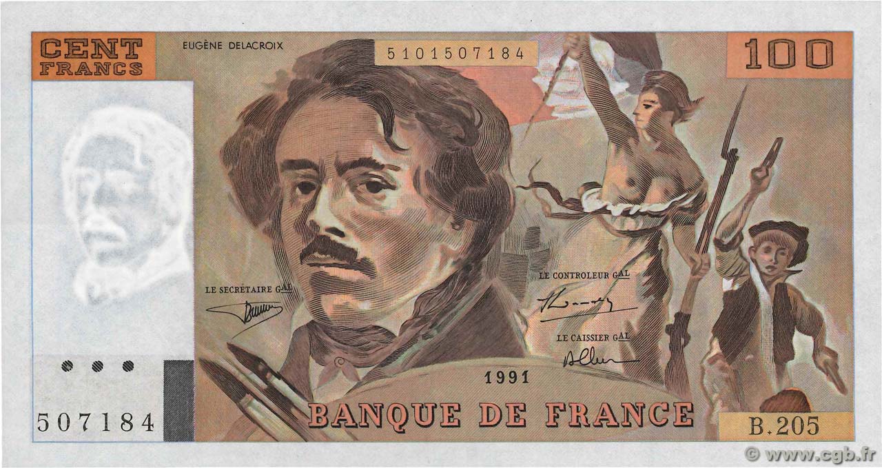 100 Francs DELACROIX imprimé en continu FRANCE  1991 F.69bis.04c SUP+