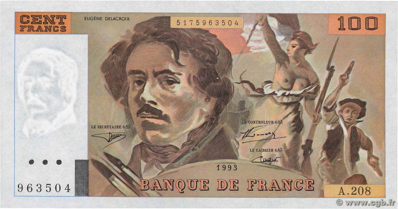 100 Francs DELACROIX  UNIFACE FRANCE  1993 F.69bisU.05 SPL