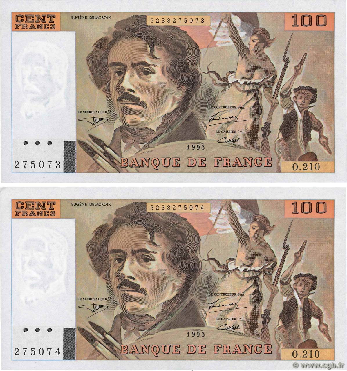 100 Francs DELACROIX imprimé en continu Consécutifs FRANCE  1993 F.69bis.05 NEUF