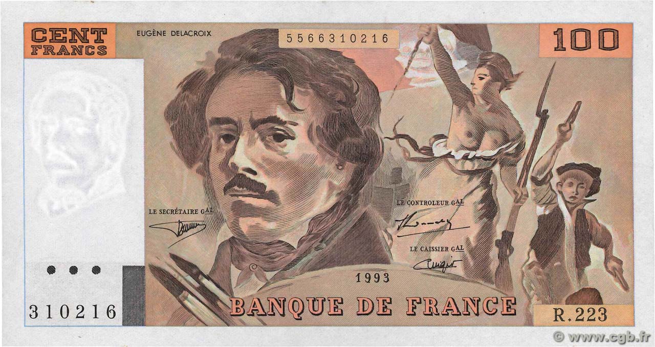 100 Francs DELACROIX imprimé en continu FRANCE  1993 F.69bis.07 SUP+
