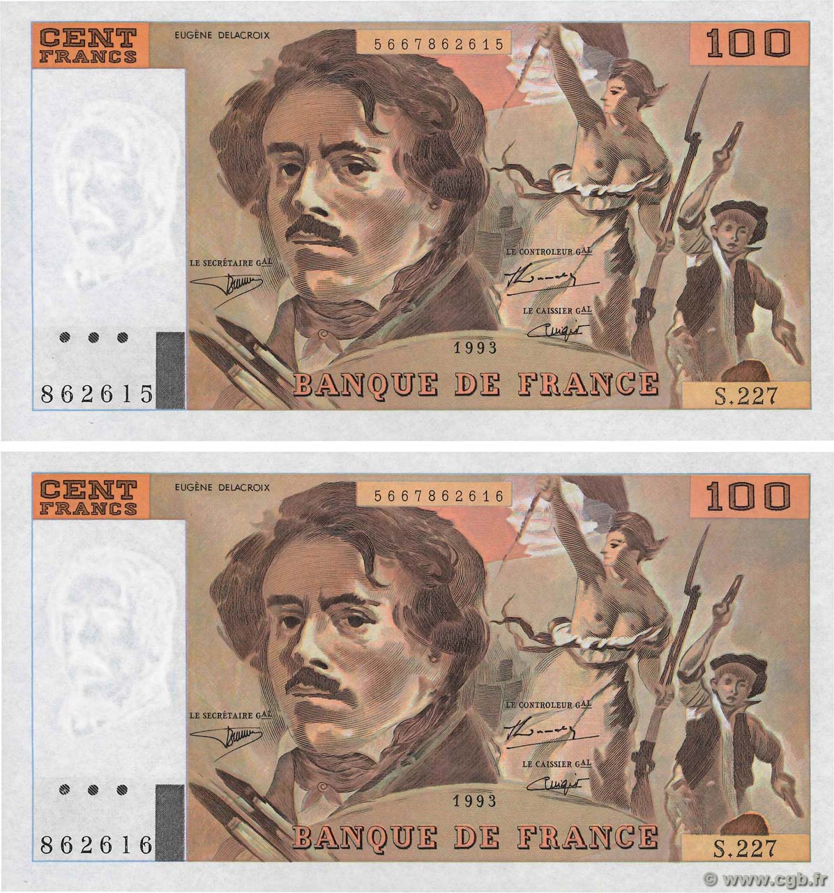 100 Francs DELACROIX imprimé en continu Consécutifs FRANCE  1993 F.69bis.08 NEUF