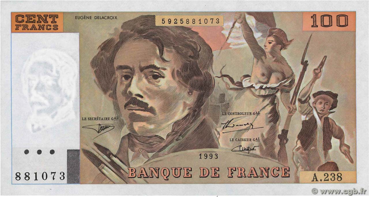 100 Francs DELACROIX imprimé en continu FRANCE  1993 F.69bis.08 SPL