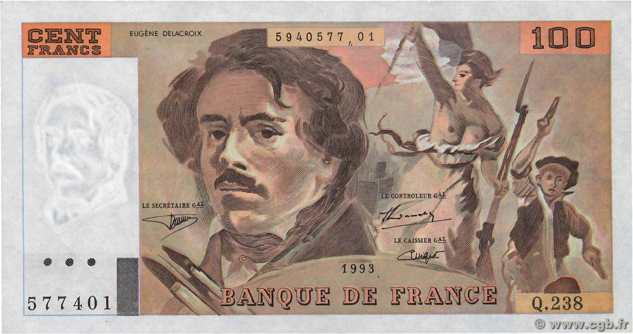 100 Francs DELACROIX imprimé en continu Fauté FRANCE  1993 F.69bis.08 pr.SUP