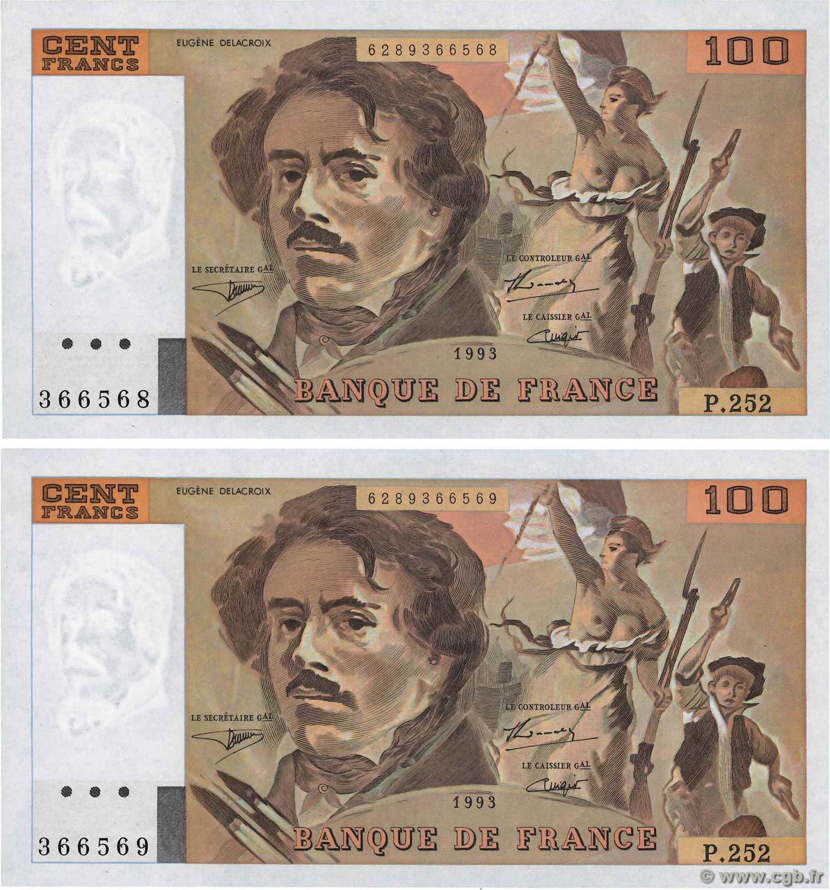 100 Francs DELACROIX imprimé en continu Consécutifs FRANCE  1993 F.69bis.08 pr.NEUF