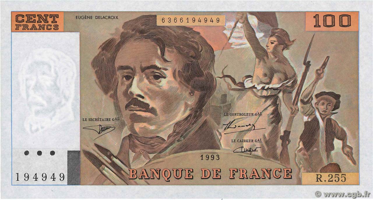 100 Francs DELACROIX imprimé en continu FRANCE  1993 F.69bis.08 NEUF