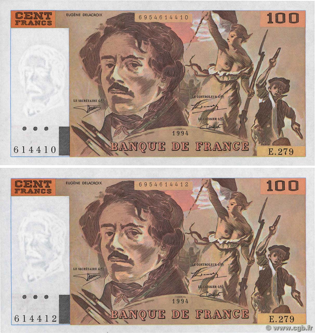 100 Francs DELACROIX 442-1 & 442-2 Lot FRANCE  1994 F.69ter.01c NEUF
