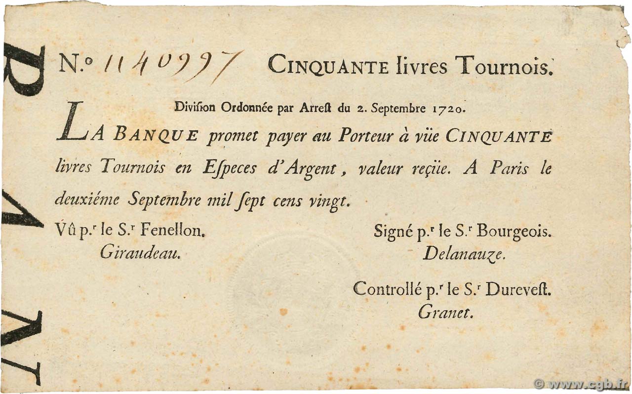 50 Livres Tournois typographié FRANKREICH  1720 Dor.24 VZ