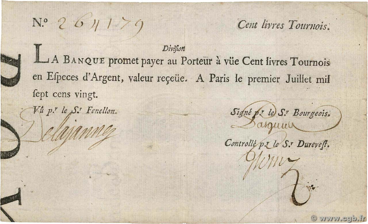 100 Livres Tournois typographié FRANCE  1720 Dor.27 VF
