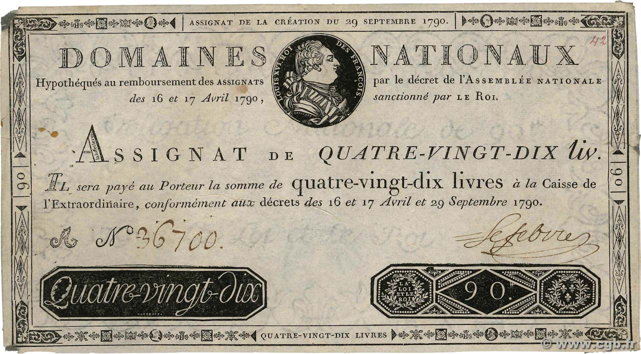 90 Livres FRANCE  1790 Ass.08a VF