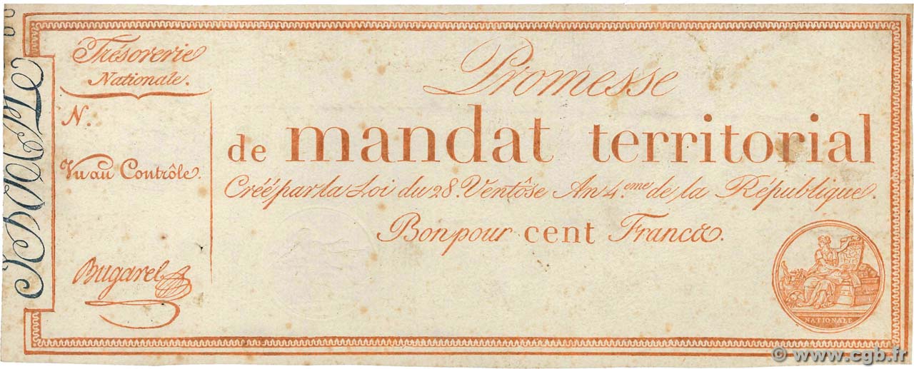 100 Francs sans série Vérificateur FRANCE  1796 Ass.60v XF