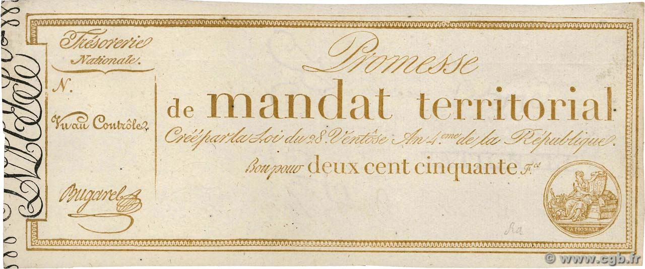 250 Francs sans série Vérificateur FRANCE  1796 Ass.61v SUP+