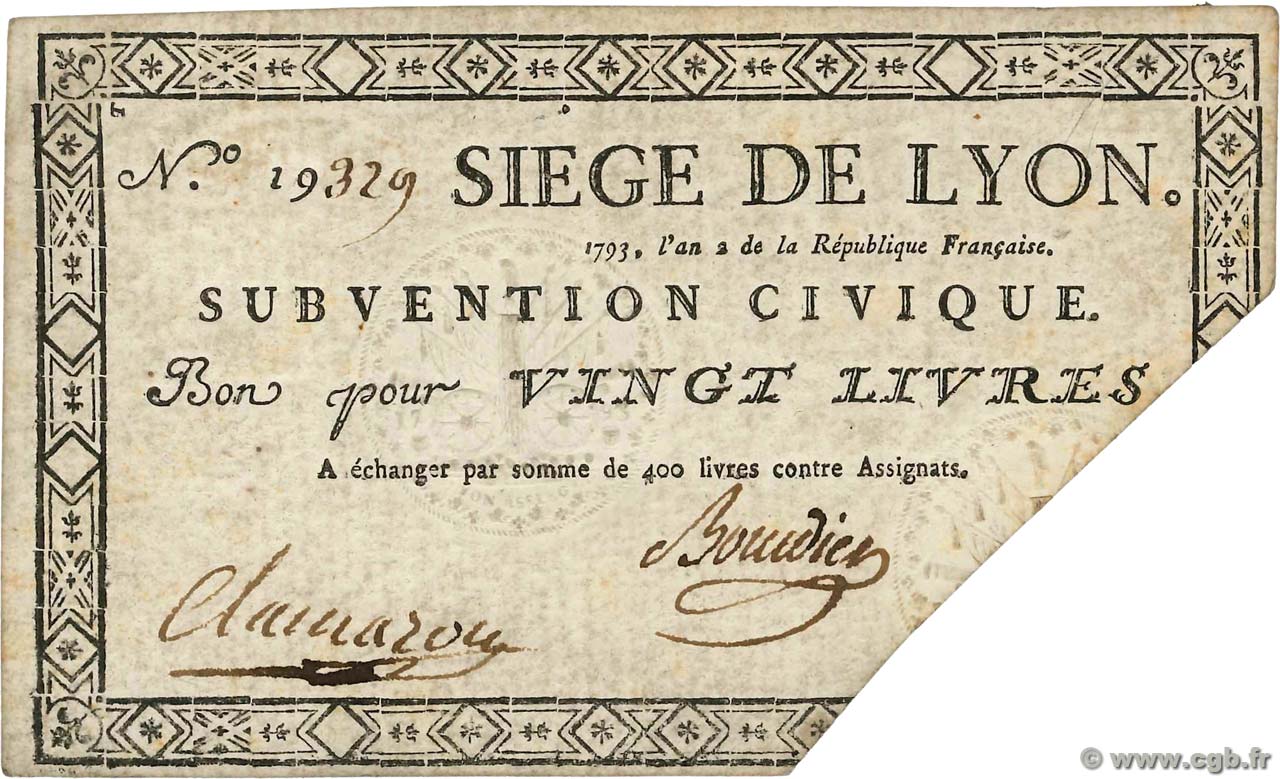 20 Livres FRANCE regionalism and miscellaneous Lyon 1793 Kol.135b VF