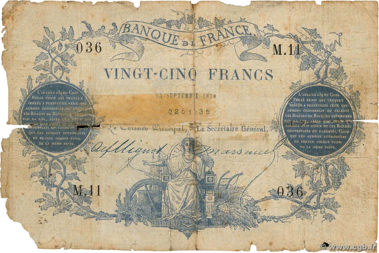 25 Francs type 1870 Paris FRANKREICH  1870 F.A43.01 fGE
