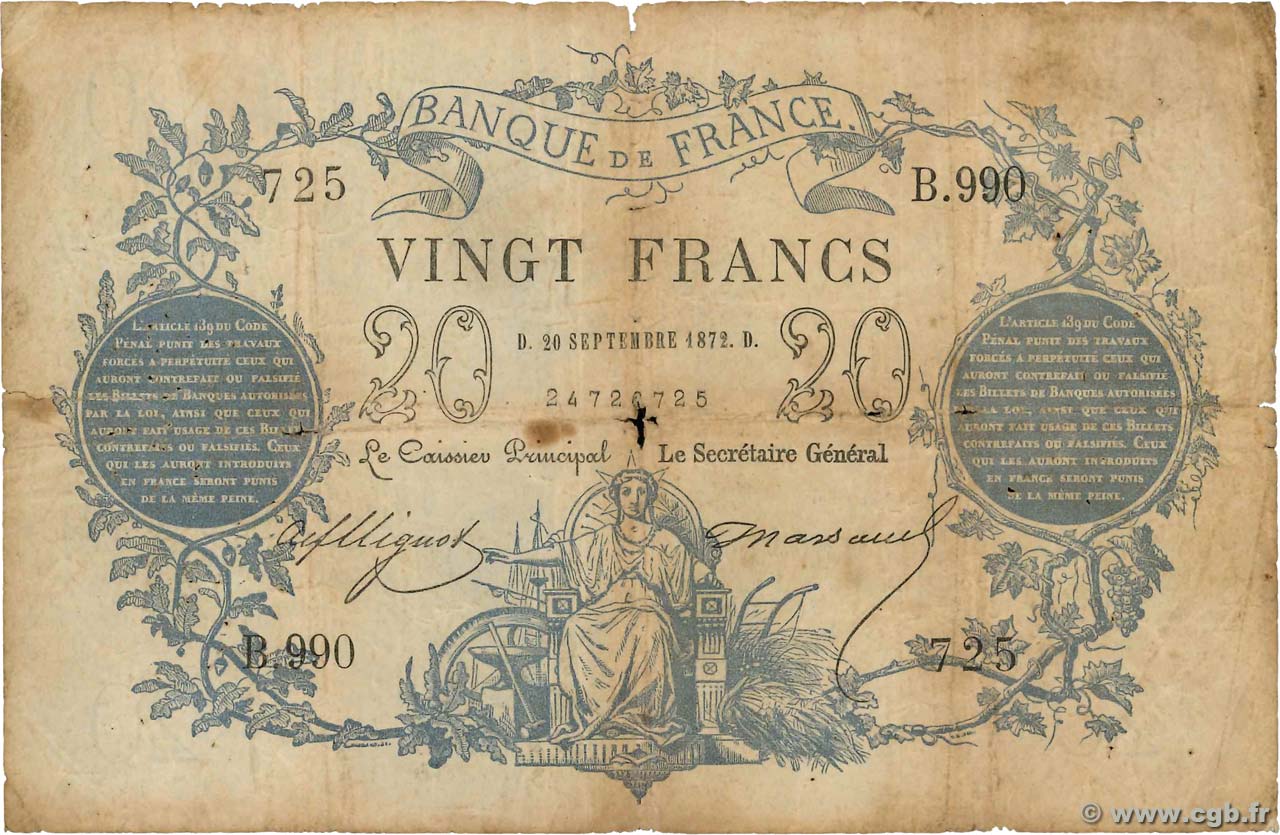 20 Francs type 1871 FRANCE  1872 F.A46.03 B