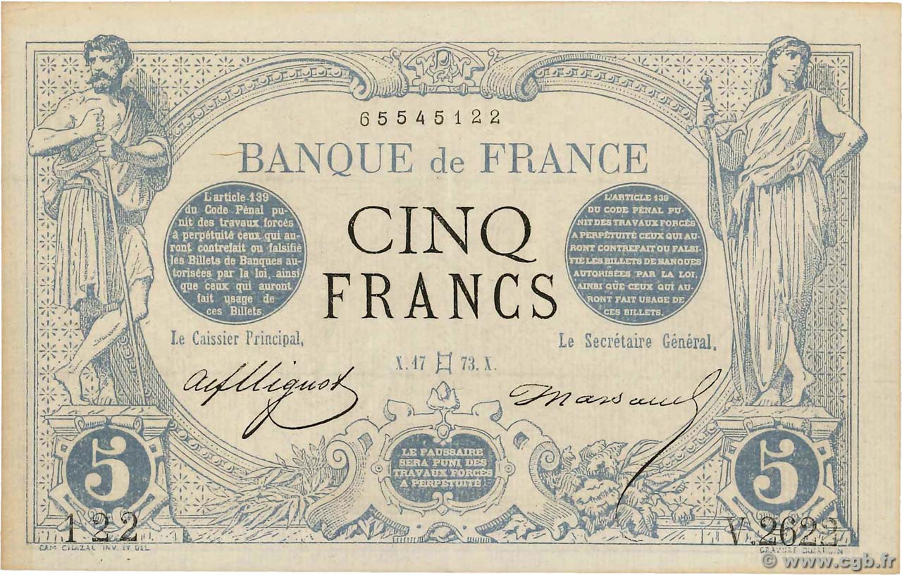 5 Francs NOIR Fauté FRANCE  1873 F.01.18 SUP