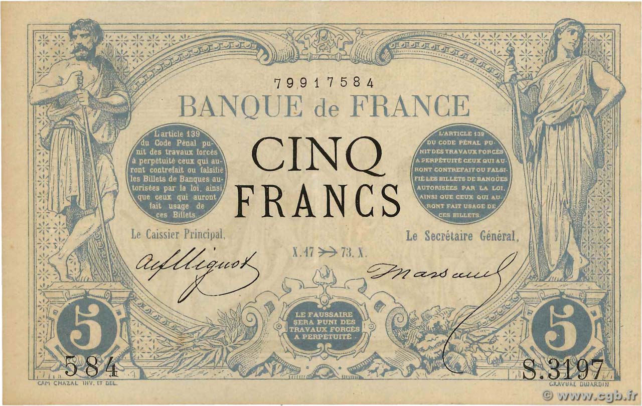 5 Francs NOIR FRANCE  1873 F.01.23 XF+