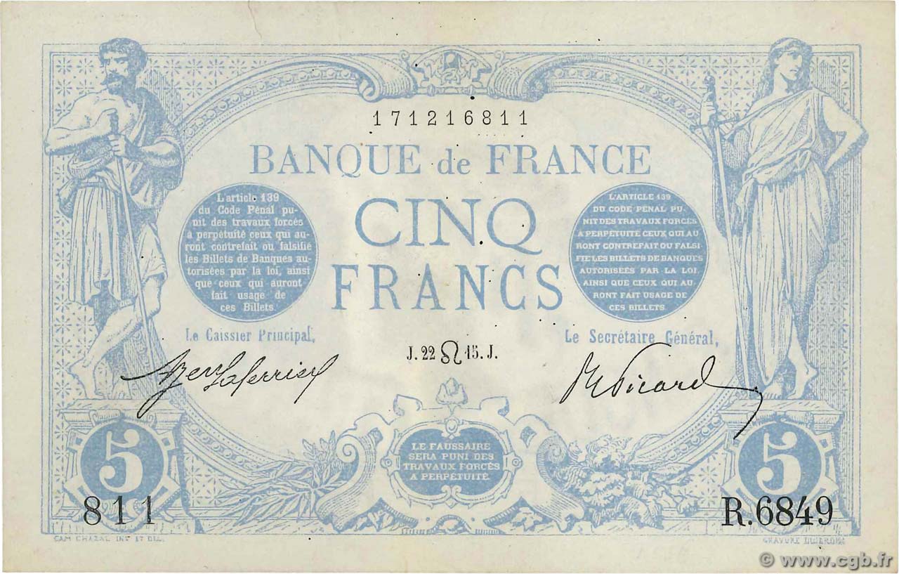 5 Francs BLEU FRANKREICH  1915 F.02.29 VZ