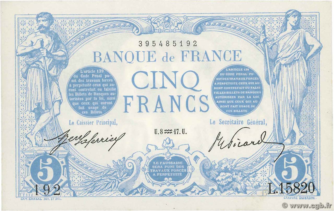 5 Francs BLEU FRANKREICH  1917 F.02.47 fST+