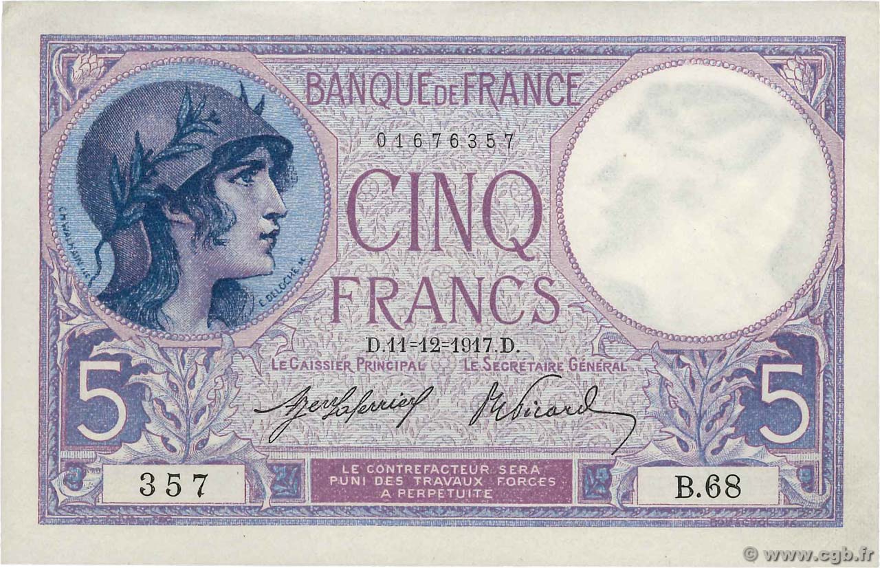 5 Francs FEMME CASQUÉE FRANCE  1917 F.03.01 XF