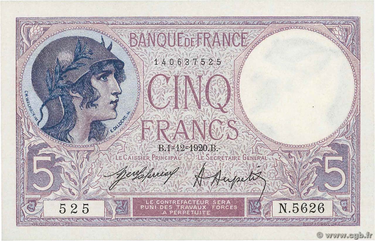 5 Francs FEMME CASQUÉE FRANKREICH  1920 F.03.04 fST+