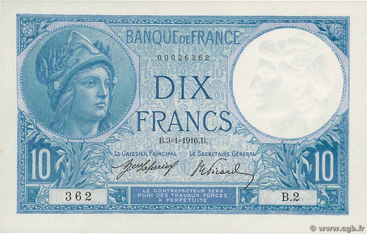 10 Francs MINERVE FRANCIA  1916 F.06.01 SC+