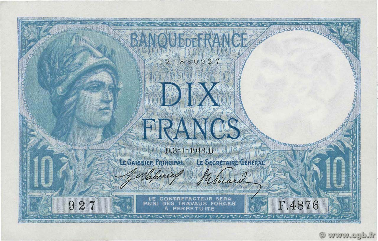 10 Francs MINERVE FRANKREICH  1918 F.06.03 fST+